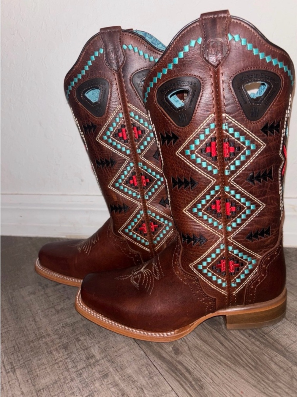 Brown Leather Women's Western Combat Boots with Turquoise & Red Embroidery
